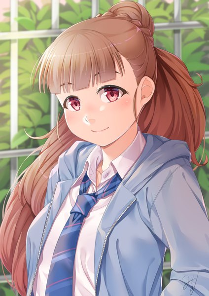 Anime picture 827x1169 with idolmaster idolmaster cinderella girls kamiya nao miri (ago550421) single long hair tall image looking at viewer fringe red eyes brown hair signed upper body ponytail blunt bangs braid (braids) light smile open jacket braided bun girl