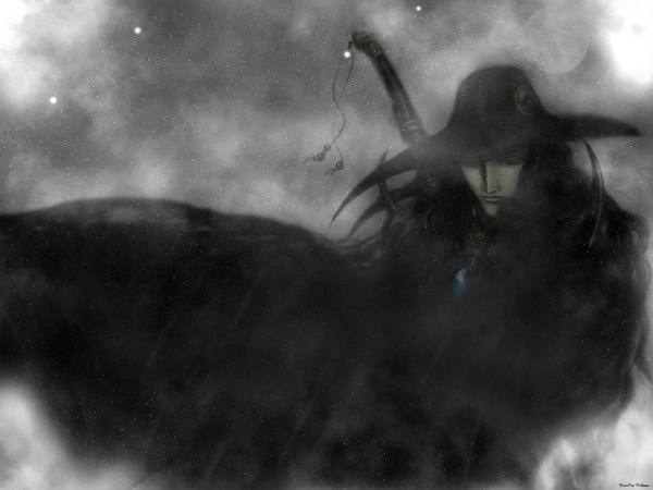 Anime picture 1600x1200 with vampire hunter d d (vampire hunter d) long hair black hair wallpaper sad vampire fog hat sword cloak