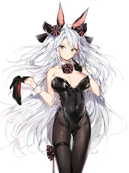 Anime picture 3000x3999 with azur lane prinz eugen (azur lane) silver (chenwen) single long hair tall image blush fringe highres breasts light erotic simple background hair between eyes large breasts standing white background holding animal ears looking away cleavage