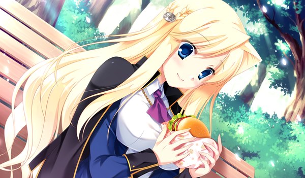 Anime picture 1024x600 with da capo iii long hair blush blue eyes blonde hair smile wide image game cg girl dress plant (plants) petals tree (trees) bench hamburger