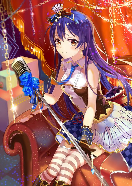 Anime picture 731x1030 with love live! school idol project sunrise (studio) love live! sonoda umi al (ahr) single long hair tall image looking at viewer blush fringe smile hair between eyes sitting bare shoulders holding yellow eyes purple hair indoors leaning