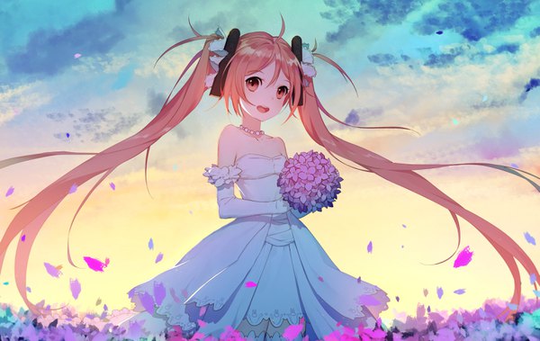 Anime picture 3070x1944 with black bullet kinema citrus aihara enju daye bie qia lian single looking at viewer fringe highres open mouth hair between eyes standing twintails holding cloud (clouds) ahoge very long hair :d wind orange hair orange eyes