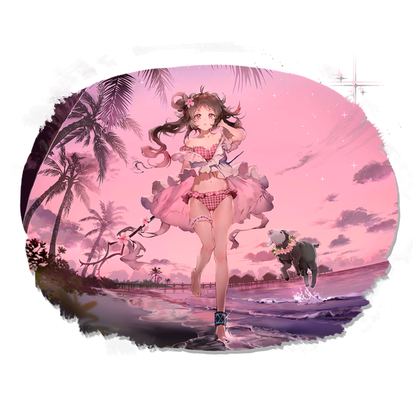 Anime picture 2048x2048 with arknights eyjafjalla (arknights) eyjafjalla (summer flower) (arknights) anmi single long hair highres brown hair standing sky cloud (clouds) full body outdoors pink eyes horn (horns) official art sparkle official alternate costume standing on one leg transparent background