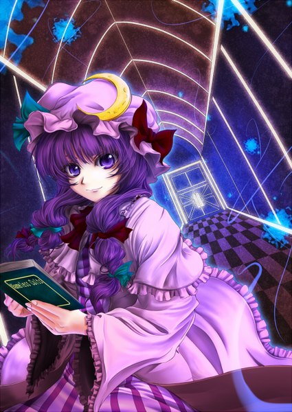 Anime picture 1000x1411 with touhou patchouli knowledge jyun single long hair tall image looking at viewer purple eyes purple hair braid (braids) girl dress bow hair bow book (books) bonnet