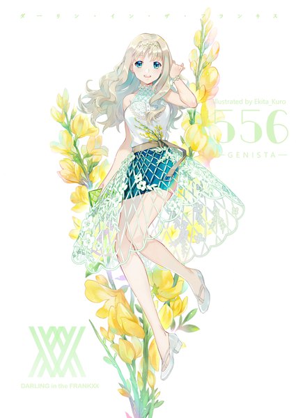 Anime picture 1397x1972 with darling in the franxx studio trigger kokoro (darling in the franxx) ekita xuan single long hair tall image looking at viewer open mouth blue eyes simple background blonde hair smile white background full body copyright name wavy hair girl dress flower (flowers)