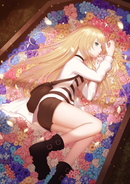 Anime picture 2894x4093 with satsuriku no tenshi ray (satsuriku no tenshi) rinmmo single long hair tall image looking at viewer fringe highres blonde hair hair between eyes green eyes bent knee (knees) lying profile from above on side striped girl flower (flowers)