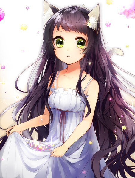 Anime picture 2366x3134 with original sogawa single long hair tall image looking at viewer fringe highres breasts black hair standing bare shoulders holding green eyes animal ears tail parted lips animal tail cat ears sparkle