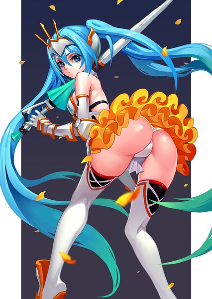 イラスト 1200x1691 と 初音ミク -project diva- f 2nd ボーカロイド goodsmile racing 初音ミク レーシングミク レーシングミク2015 fkey ソロ 長身像 カメラ目線 前髪 青い目 light erotic hair between eyes 立つ ツインテール payot 青い髪 bent knee (knees) 尻