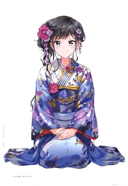 Anime picture 1664x2425 with masamune-kun no revenge silver link adagaki aki tiv single long hair tall image looking at viewer blush fringe black hair simple background smile hair between eyes white background sitting signed full body blunt bangs long sleeves