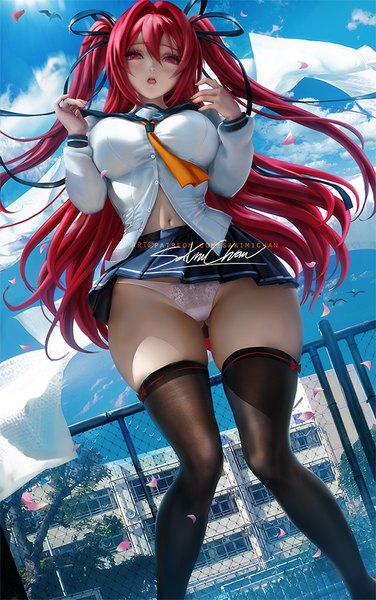 Anime picture 627x1000 with shinmai maou no testament production ims naruse mio sakimichan single long hair tall image looking at viewer blush fringe breasts open mouth light erotic hair between eyes red eyes large breasts standing signed payot sky