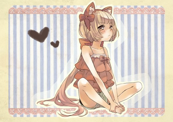 Anime picture 1300x923 with vocaloid nekomura iroha buuta long hair blush blonde hair sitting animal ears yellow eyes ponytail barefoot cat ears sleeveless striped indian style striped background girl shorts heart