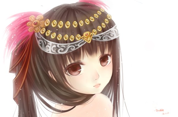 Anime picture 3000x1982 with original clouble single long hair looking at viewer highres black hair white background brown eyes girl hair ornament
