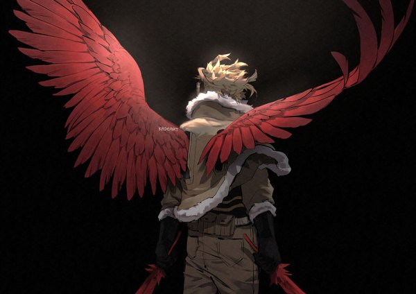 Anime picture 919x650 with boku no hero academia studio bones hawks (boku no hero academia) kadeart single short hair simple background blonde hair standing holding from behind fur trim black background light boy gloves wings black gloves jacket headphones