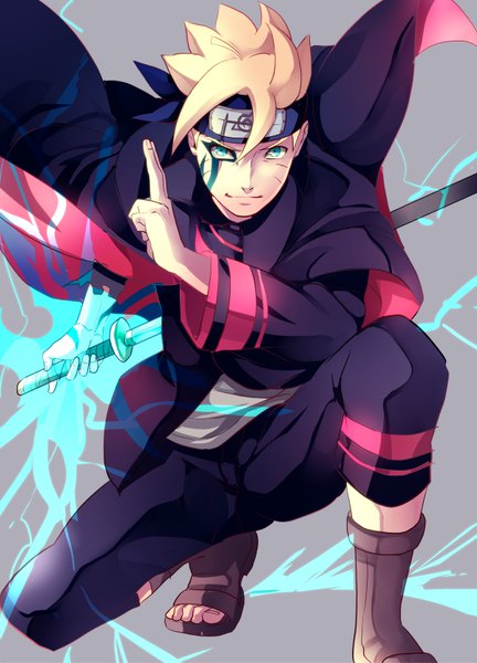 Anime picture 600x833 with naruto studio pierrot naruto (series) uzumaki boruto aca single tall image looking at viewer fringe short hair blue eyes blonde hair smile bent knee (knees) facial mark scar fighting stance whisker markings lightning unsheathing