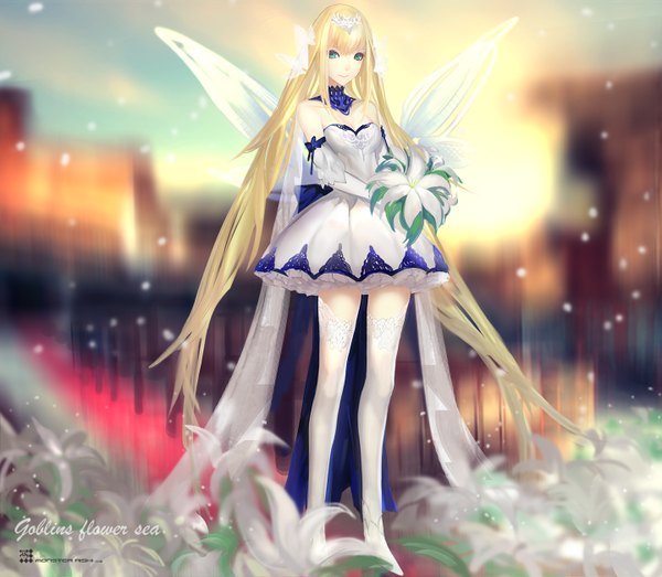 Anime picture 1440x1257 with original kiwamu single looking at viewer blue eyes blonde hair smile very long hair inscription depth of field snowing winter girl thighhighs dress gloves flower (flowers) white thighhighs wings choker