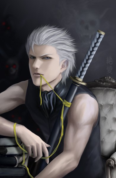 Anime picture 906x1385 with devil may cry vergil zetsuai89 single tall image short hair blue eyes red eyes white hair lips realistic muscle boy ribbon (ribbons) weapon sword katana book (books)