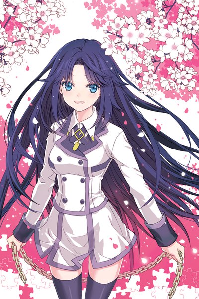 Anime picture 667x1000 with original riki (elseeker) single long hair tall image looking at viewer fringe open mouth blue eyes smile standing holding payot blue hair :d wind cherry blossoms double buttons girl thighhighs