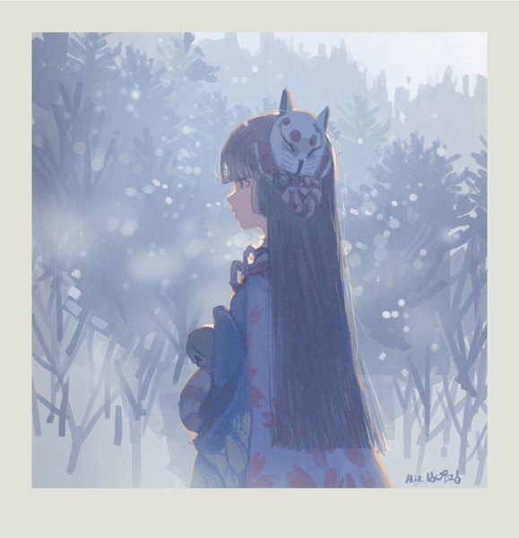 Anime picture 942x975 with original hjl single long hair tall image fringe black hair signed looking away upper body blunt bangs traditional clothes japanese clothes profile snowing winter framed exhalation expressionless mask on head