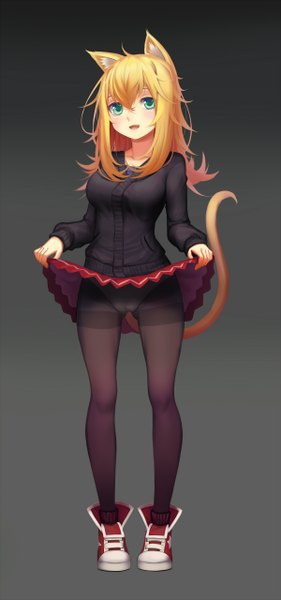 Anime picture 1200x2559 with original sonikey0 0 single long hair tall image looking at viewer blush open mouth light erotic blonde hair green eyes animal ears tail animal tail cat ears cat girl cat tail pantyshot skirt lift girl
