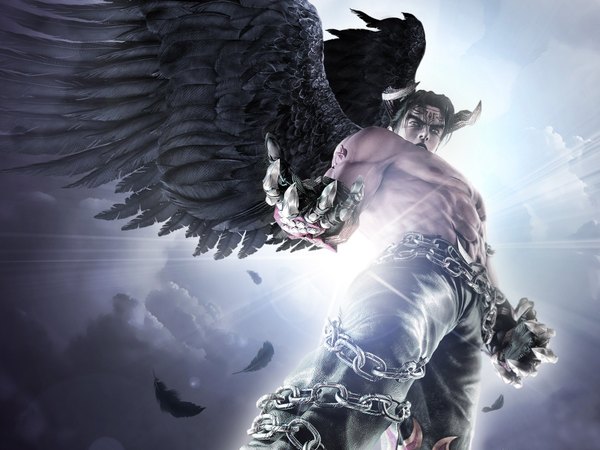 Anime picture 1600x1200 with tekken namco (studio) jin kazama devil jin horn (horns) sunlight realistic boy wings chain feather (feathers)