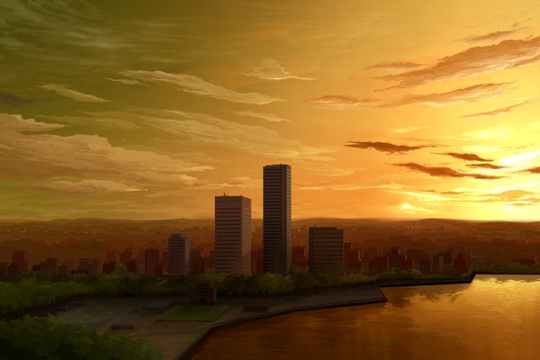 Anime picture 1500x1000 with original juuyonkou sky cloud (clouds) city evening sunset cityscape no people landscape scenic panorama building (buildings) skyscraper