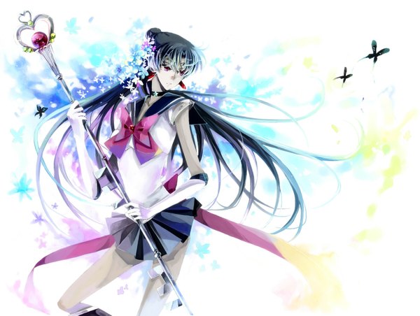 Anime picture 1550x1170 with bishoujo senshi sailor moon toei animation meiou setsuna sailor pluto nako (nonrain) long hair black hair white background purple eyes girl flower (flowers) ribbon (ribbons) insect butterfly wand