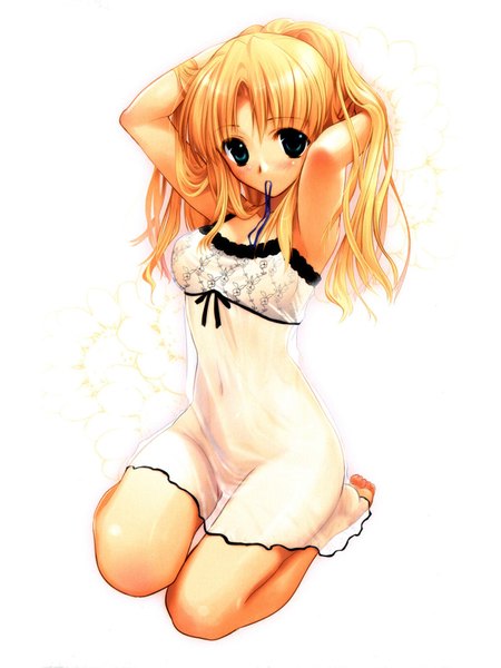 Anime picture 1200x1600 with floralia sannomiya yukari masaharu single long hair tall image looking at viewer blush blue eyes light erotic blonde hair simple background white background barefoot mouth hold girl navel lingerie transparent clothing