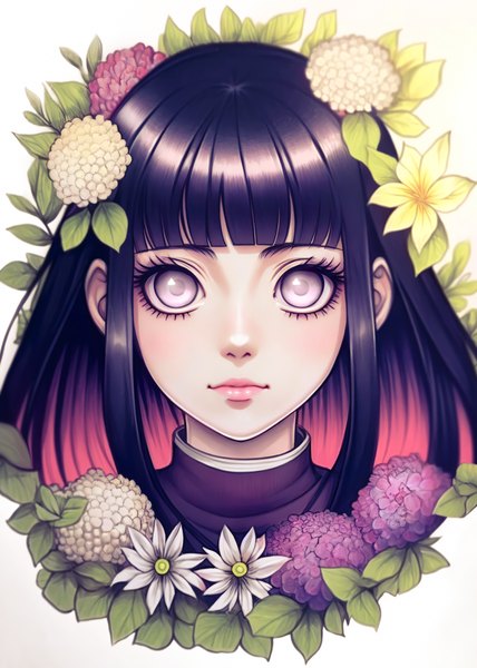 Anime picture 1284x1800 with naruto studio pierrot naruto (series) hyuuga hinata madasamaaa single long hair tall image looking at viewer fringe black hair blunt bangs lips portrait face white eyes girl flower (flowers) leaf (leaves)