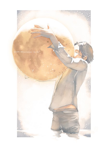 Anime picture 747x1027 with original re (artist) single tall image short hair black hair standing holding eyes closed border boy shirt moon pants