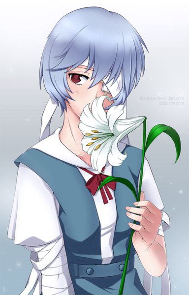 Anime picture 640x1000 with neon genesis evangelion gainax ayanami rei alina pegova single tall image fringe short hair hair between eyes red eyes holding blue hair looking away upper body covered mouth bandage over one eye girl uniform flower (flowers) school uniform
