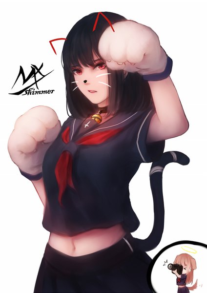 Anime picture 1240x1753 with original shimmer tall image looking at viewer fringe short hair black hair simple background blonde hair hair between eyes red eyes standing white background multiple girls signed animal ears tail animal tail cat ears midriff