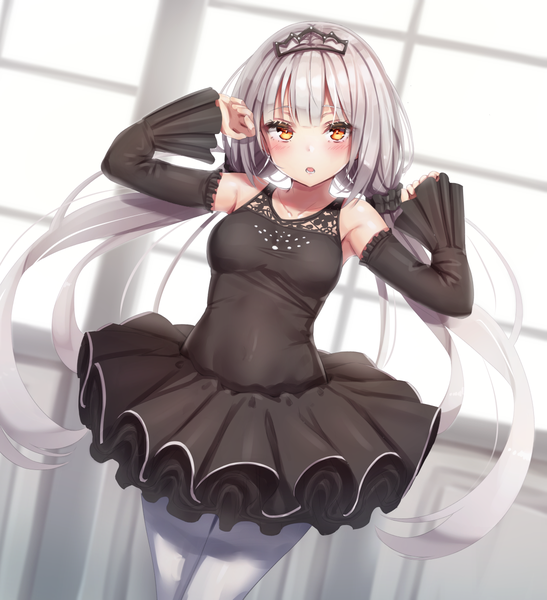 Anime picture 1095x1200 with original reinama single long hair tall image looking at viewer blush fringe breasts open mouth standing twintails bare shoulders yellow eyes payot silver hair indoors blunt bangs wide sleeves arms up