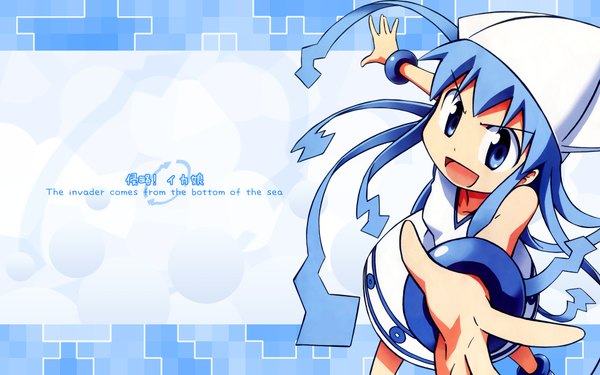 Anime picture 1920x1200 with shinryaku! ika musume ika musume single long hair highres open mouth blue eyes wide image blue hair inscription tentacle hair girl dress hat bracelet