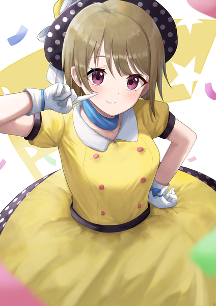 Anime picture 2894x4093 with love live! nijigasaki high school idol club sunrise (studio) love live! nakasu kasumi aftamc single tall image looking at viewer blush highres short hair smile brown hair purple eyes from above hand on hip girl dress gloves hat