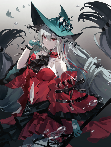 Anime-Bild 1140x1500 mit arknights skadi (arknights) skadi the corrupting heart (arknights) milluun single tall image fringe hair between eyes red eyes silver hair very long hair bare belly official alternate costume girl dress gloves hat detached sleeves bubble (bubbles) red dress