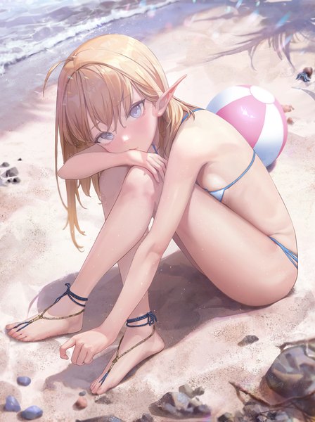 Anime picture 2067x2766 with original bingwei huang single long hair tall image looking at viewer blush fringe highres breasts blue eyes light erotic blonde hair hair between eyes sitting full body ahoge outdoors barefoot from above