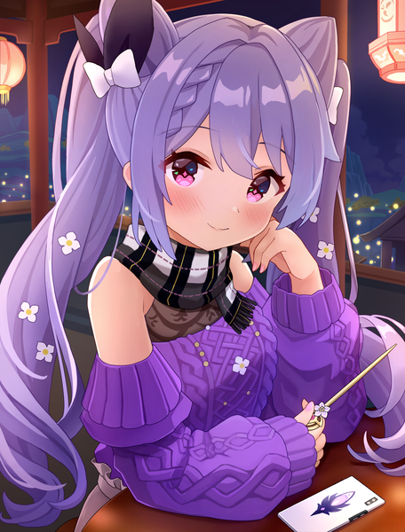 Anime picture 1527x2008 with genshin impact keqing (genshin impact) keqing (lantern rite) (genshin impact) nomio single long hair tall image looking at viewer blush smile sitting purple eyes twintails purple hair hair bun (hair buns) official alternate costume head rest girl bow hair bow
