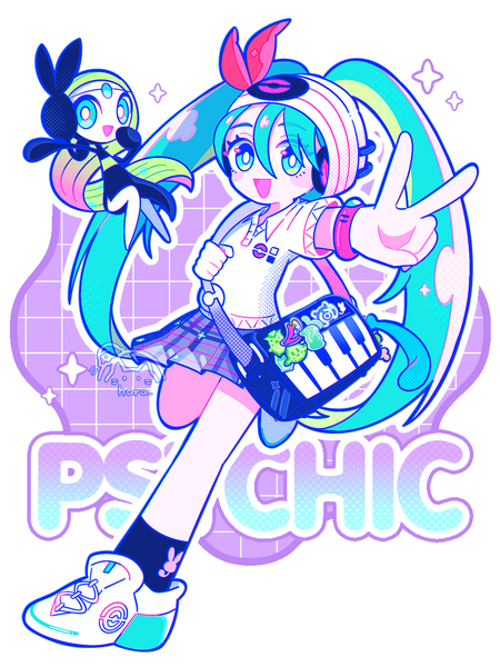 Anime picture 1620x2160 with pokemon vocaloid nintendo project voltage hatsune miku meloetta psychic miku (project voltage) 8ra jelly single long hair tall image fringe open mouth hair between eyes standing twintails full body :d aqua eyes aqua hair