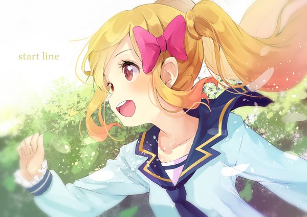 Anime picture 1000x707 with aikatsu! aikatsu stars! nijino yume reio reio single long hair blush fringe open mouth blonde hair smile twintails brown eyes payot looking away upper body outdoors :d profile wind