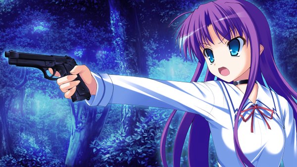 Anime picture 1280x720 with secret game coderevise (game) long hair open mouth blue eyes wide image game cg purple hair girl weapon plant (plants) tree (trees) gun forest