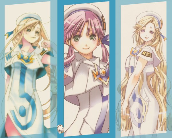 Anime picture 1280x1024 with aria mizunashi akari alicia florence aria pokoteng ametsuchi akino amano kozue looking at viewer short hair blonde hair smile purple eyes multiple girls green eyes pink hair braid (braids) very long hair single braid multiview girl uniform