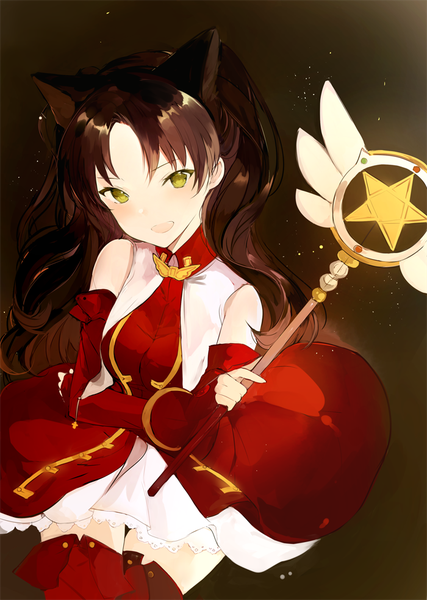 Anime picture 700x984 with fate (series) fate/stay night toosaka rin lpip single long hair tall image looking at viewer blush fringe open mouth simple background brown hair sitting holding green eyes animal ears cat ears cat girl zettai ryouiki