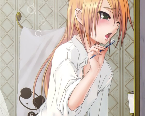 Anime picture 1920x1536 with blazblue noel vermillion single long hair blush highres open mouth blonde hair green eyes one eye closed wink tears open collar girl shirt towel