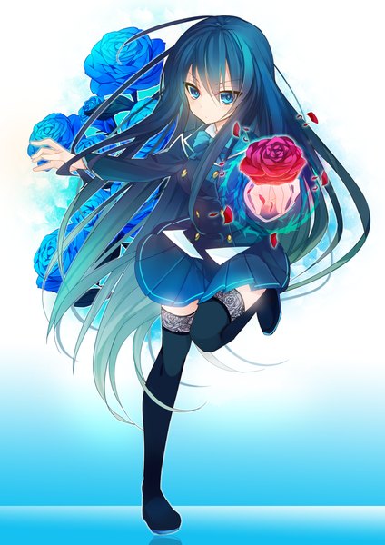 Anime picture 1000x1414 with original nekoto single long hair tall image blue eyes blue hair girl thighhighs skirt flower (flowers) black thighhighs petals rose (roses) blue rose