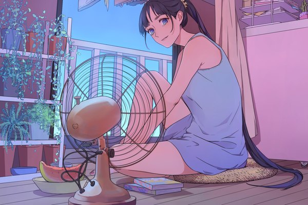 Anime picture 2200x1465 with original keikoku (kujira) single long hair looking at viewer highres black hair smile bare shoulders bent knee (knees) ponytail barefoot bare legs girl dress plant (plants) food book (books) curtains berry (berries)