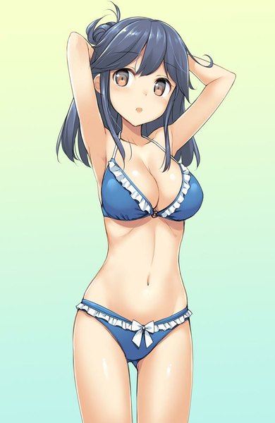 Anime picture 651x1000 with kantai collection ushio destroyer takayaki single long hair tall image blush fringe breasts open mouth light erotic black hair simple background large breasts brown eyes looking away gradient background arms behind head girl swimsuit