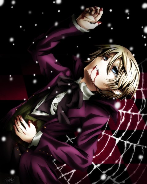 Anime picture 2330x2920 with kuroshitsuji a-1 pictures alois trancy single tall image highres short hair blue eyes blonde hair snowing checkered background boy bowtie blood