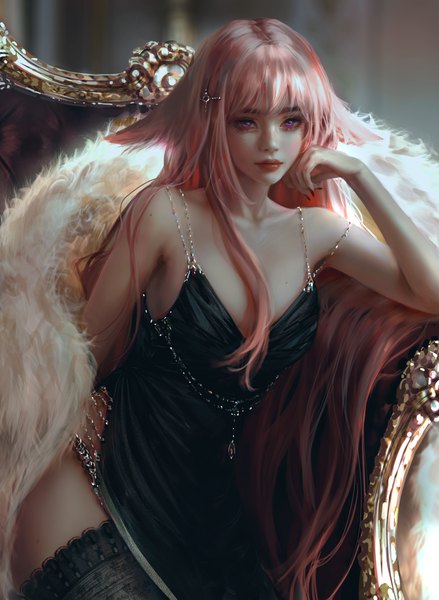 Anime picture 4391x6000 with genshin impact yae miko nixeu single long hair tall image looking at viewer blush fringe highres breasts sitting purple eyes animal ears pink hair absurdres indoors nail polish arm up fingernails