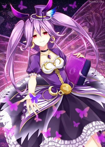Anime picture 786x1100 with puzzle & dragons cattleya (p&d) chisa single long hair tall image looking at viewer smile red eyes holding purple hair pointy ears insect wings girl dress hat earrings wings frills pendant
