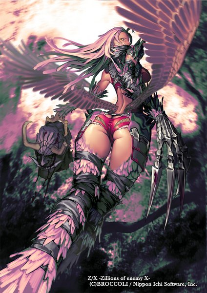 Anime picture 707x1000 with zillions of enemy x hijiki long hair tall image light erotic brown eyes pink hair ass looking back horn (horns) from behind inscription from below severed head girl weapon wings shorts armor short shorts